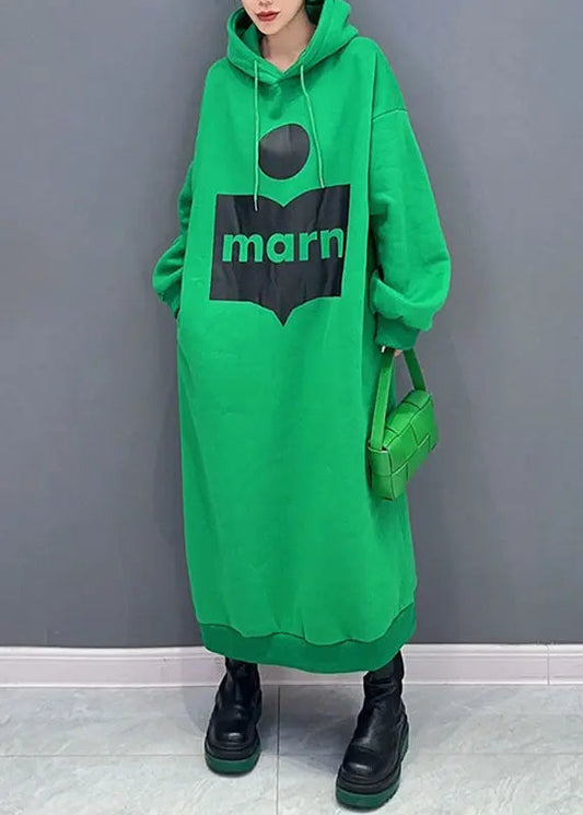 Plus Size Green Print Cotton Hooded Maxi Dress Fall Ada Fashion