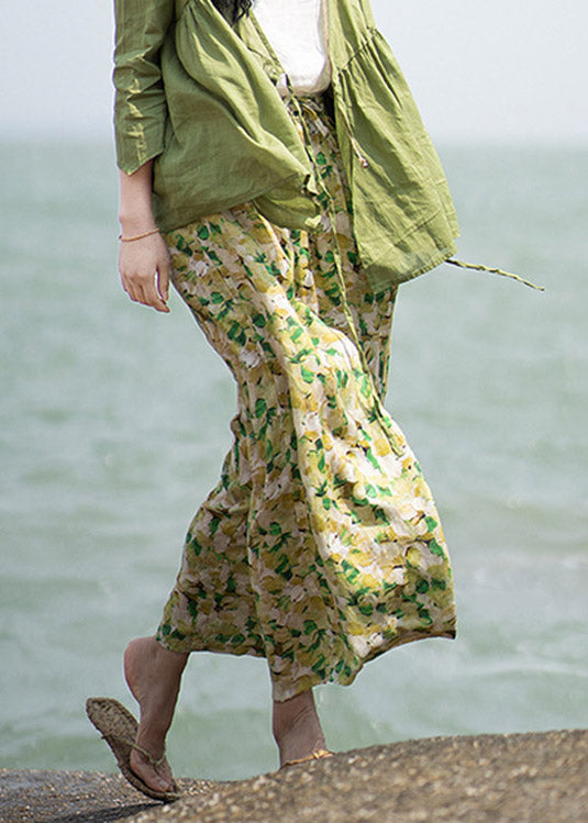 Plus Size Green Print Tie Waist Linen Wide Leg Pants Summer LY4648 - fabuloryshop