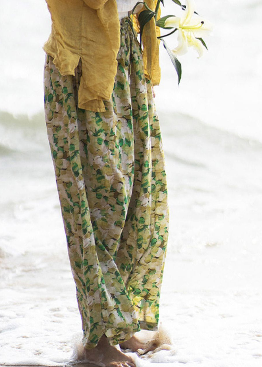 Plus Size Green Print Tie Waist Linen Wide Leg Pants Summer LY4648 - fabuloryshop