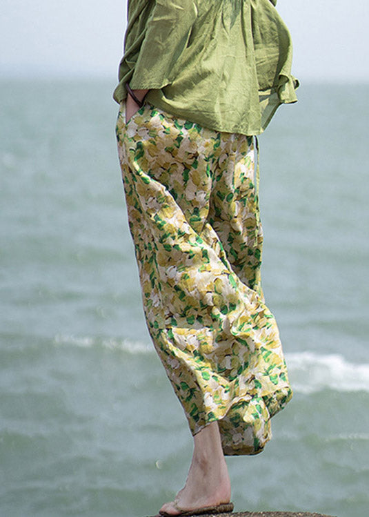 Plus Size Green Print Tie Waist Linen Wide Leg Pants Summer LY4648 - fabuloryshop