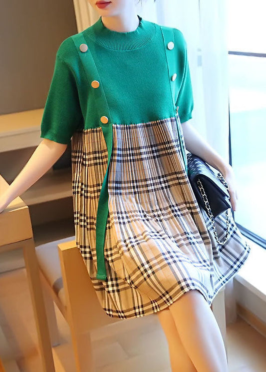 Plus Size Green Stand Collar Patchwork Plaid Knit Mid Dresses Summer LY1400 - fabuloryshop