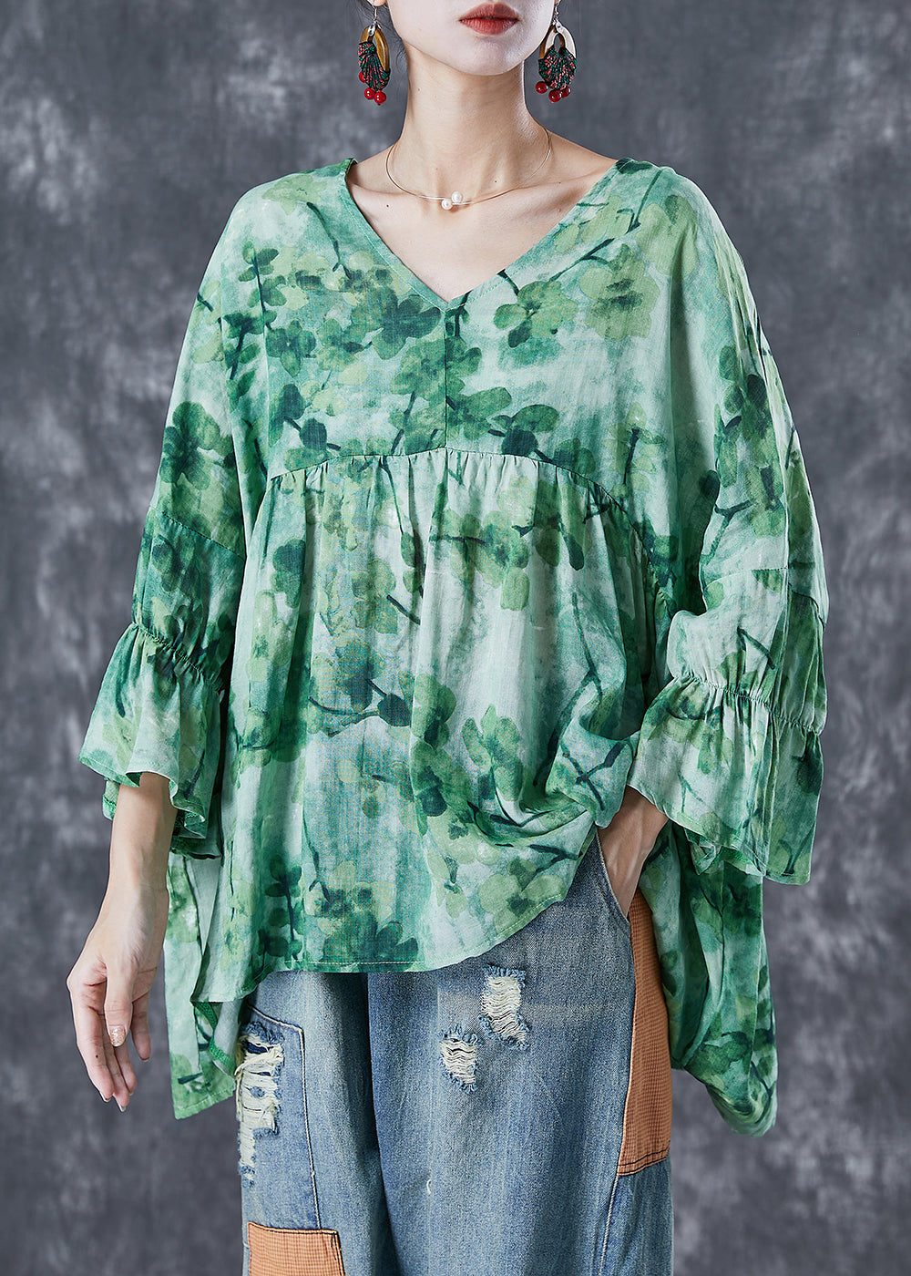 Plus Size Green V Neck Print Linen Shirts Batwing Sleeve Ada Fashion