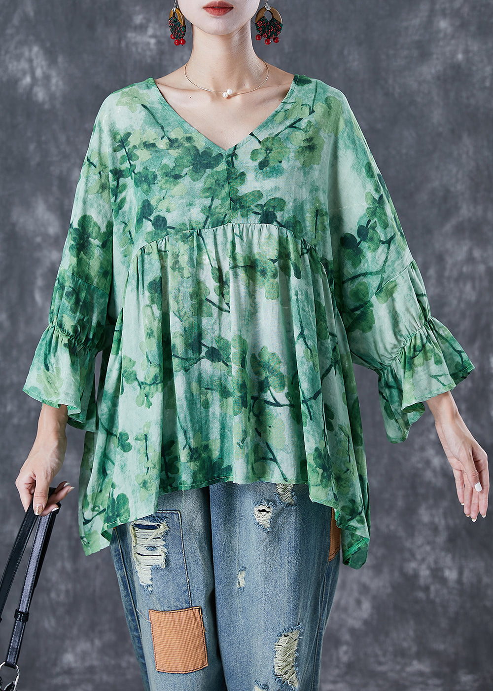 Plus Size Green V Neck Print Linen Shirts Batwing Sleeve Ada Fashion