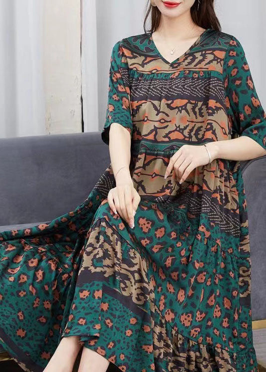 Plus Size Green V Neck Print Patchwork Chiffon Dress Summer LY6492 - fabuloryshop