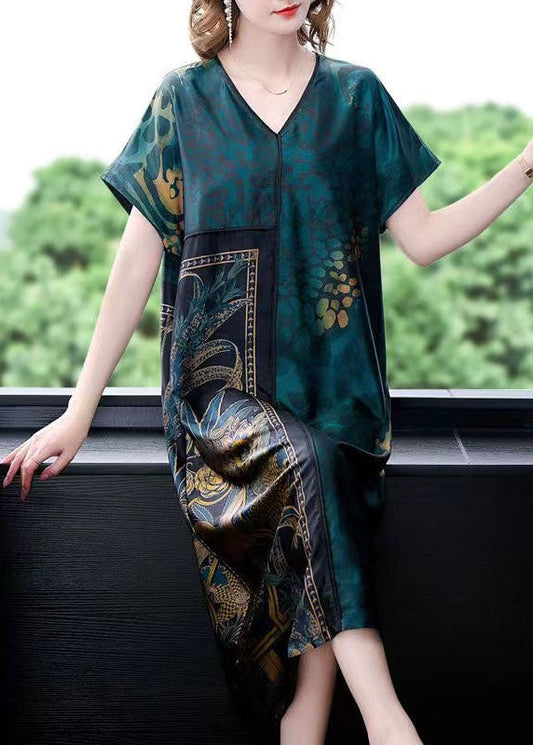Plus Size Green V Neck Print Patchwork Silk Dress Summer LY5953 Ada Fashion
