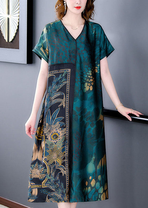 Plus Size Green V Neck Print Patchwork Silk Dress Summer LY5953 Ada Fashion