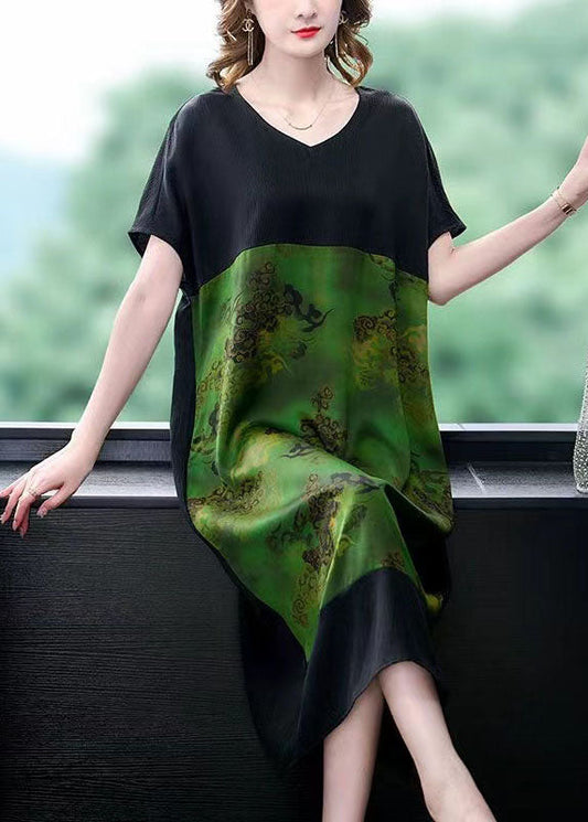 Plus Size Green V Neck Print Pockets Patchwork Silk Dress Summer LY5981 Ada Fashion