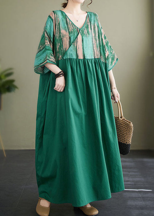 Plus Size Green V Neck Print Wrinkled Patchwork Cotton Long Dress Summer LY3979 - fabuloryshop