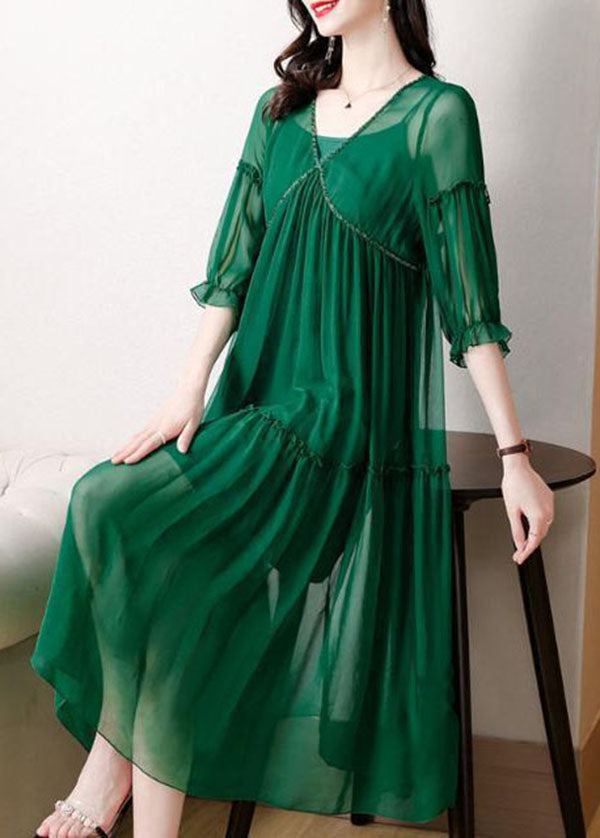 Plus Size Green V Neck Ruffled Chiffon Party Dress Bracelet  Sleeve LY0521