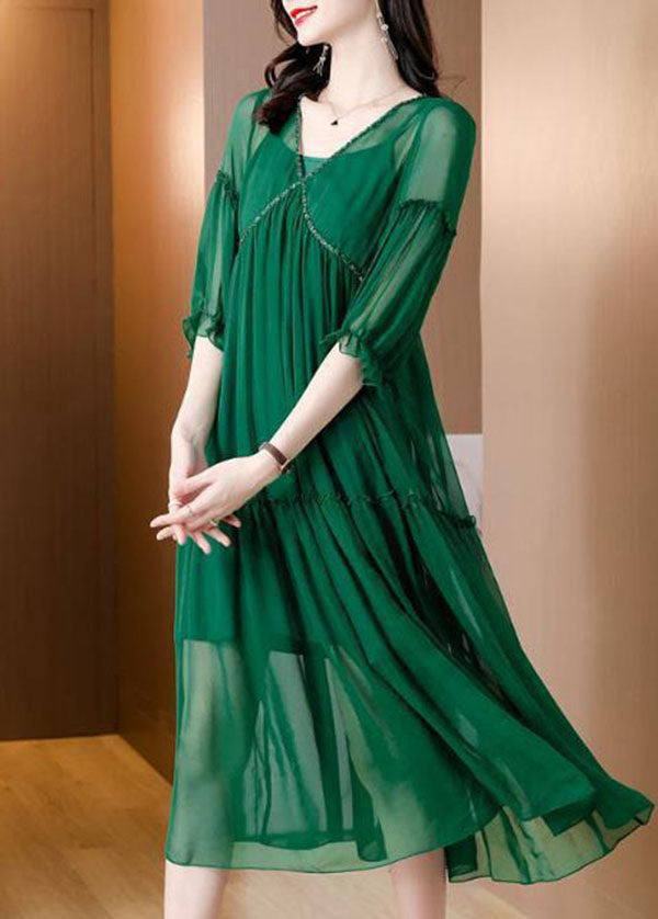 Plus Size Green V Neck Ruffled Chiffon Party Dress Bracelet  Sleeve LY0521 - fabuloryshop