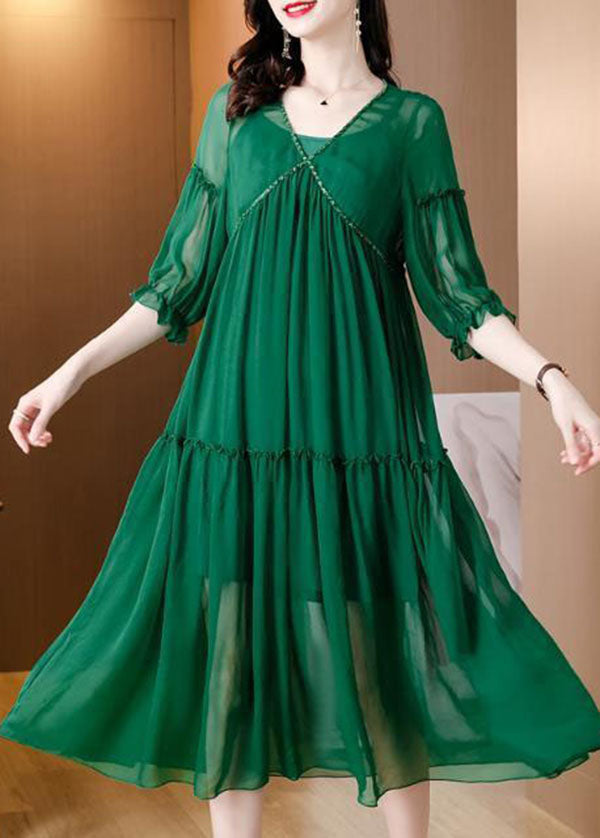 Plus Size Green V Neck Ruffled Chiffon Party Dress Bracelet  Sleeve LY0521