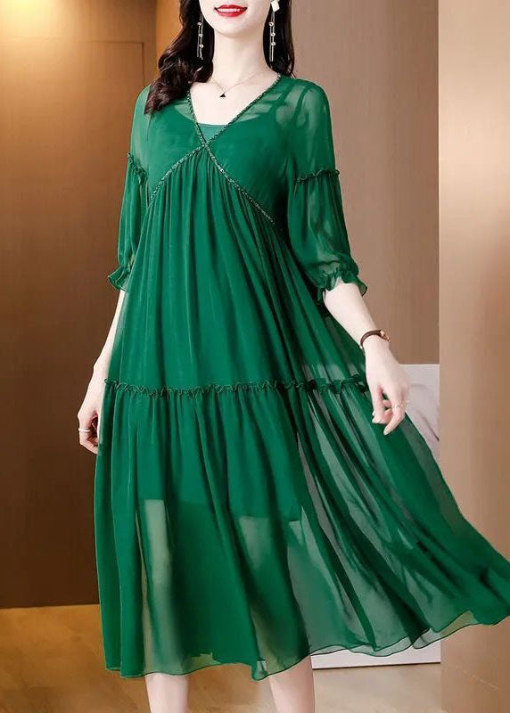 Plus Size Green V Neck Ruffled Chiffon Party Dress Bracelet  Sleeve LY0521 - fabuloryshop