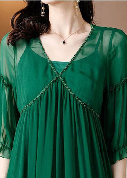 Plus Size Green V Neck Ruffled Chiffon Party Dress Bracelet  Sleeve LY0521 - fabuloryshop