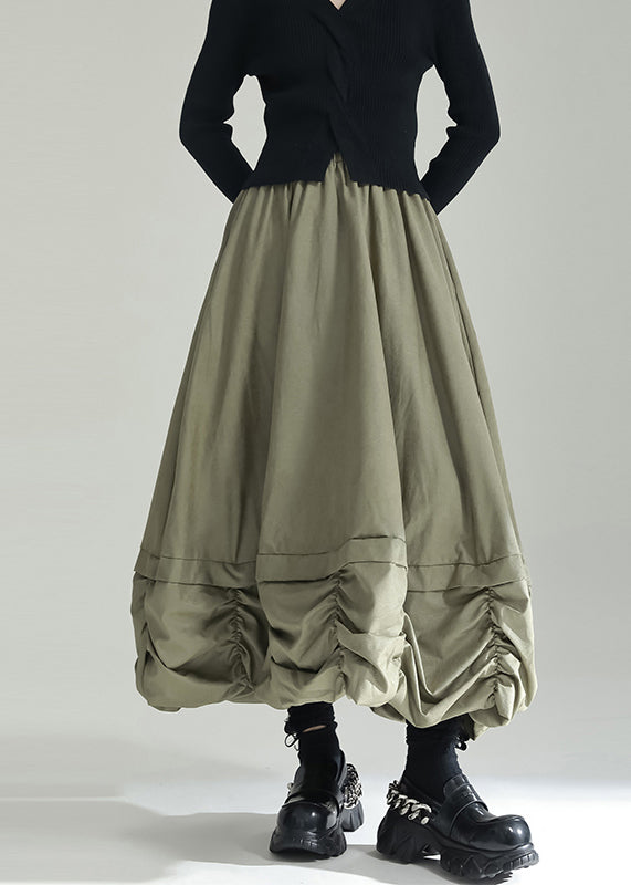 Plus Size Green Wrinkled Pockets Patchwork Cotton Skirts Fall Ada Fashion