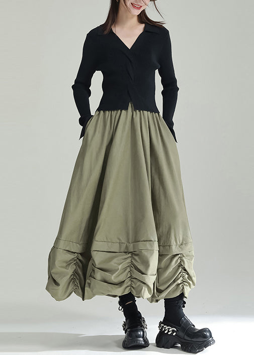 Plus Size Green Wrinkled Pockets Patchwork Cotton Skirts Fall Ada Fashion