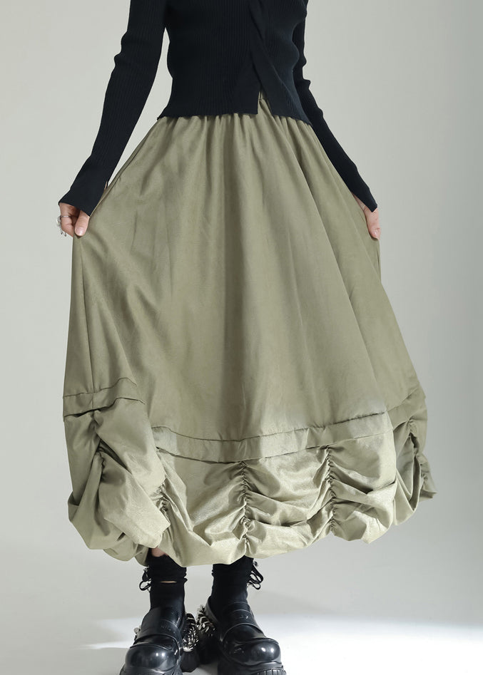 Plus Size Green Wrinkled Pockets Patchwork Cotton Skirts Fall Ada Fashion