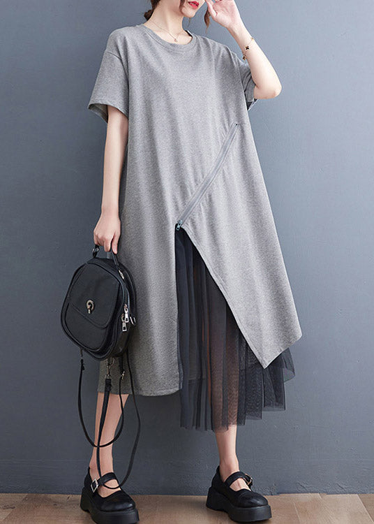 Plus Size Grey Asymmetrical Tulle Patchwork Solid Maxi Dress Summer LY2986 - fabuloryshop