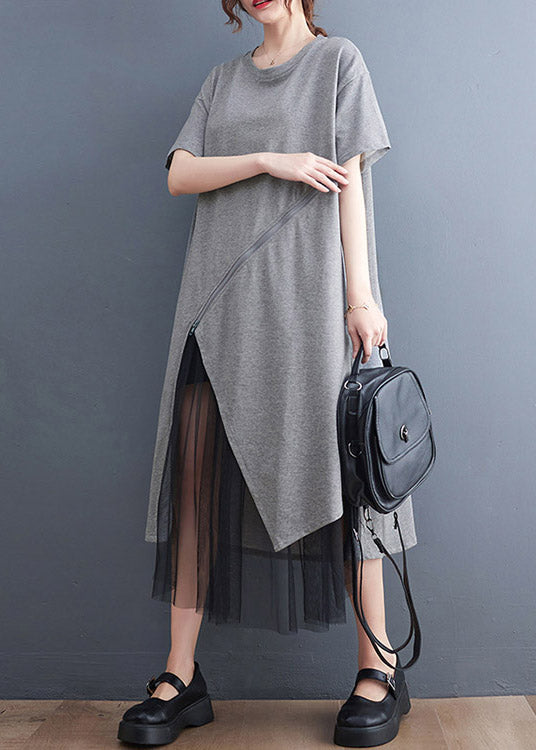 Plus Size Grey Asymmetrical Tulle Patchwork Solid Maxi Dress Summer LY2986 - fabuloryshop