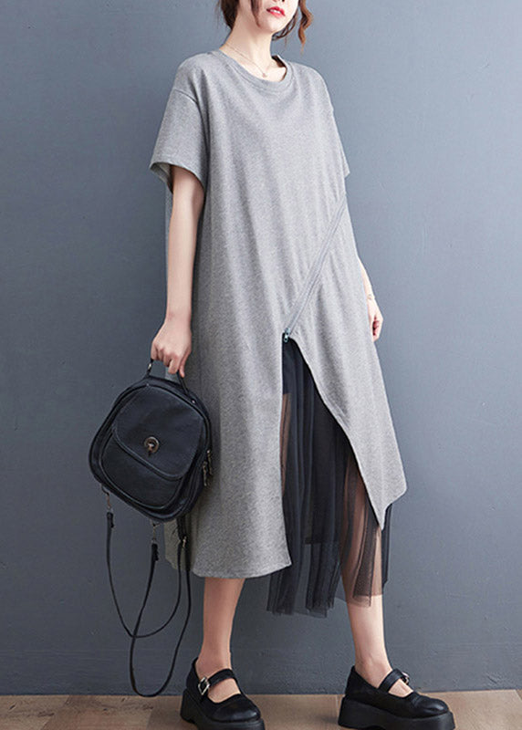Plus Size Grey Asymmetrical Tulle Patchwork Solid Maxi Dress Summer LY2986 - fabuloryshop