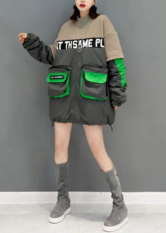 Plus Size Grey Hign Neck Pockets Patchwork Fine Cotton Filled Tops Winter Ada Fashion