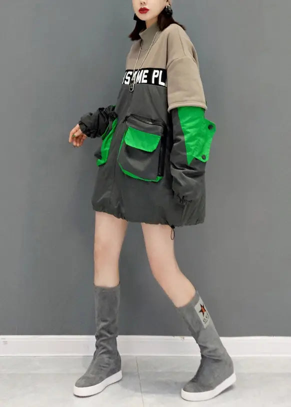 Plus Size Grey Hign Neck Pockets Patchwork Fine Cotton Filled Tops Winter Ada Fashion