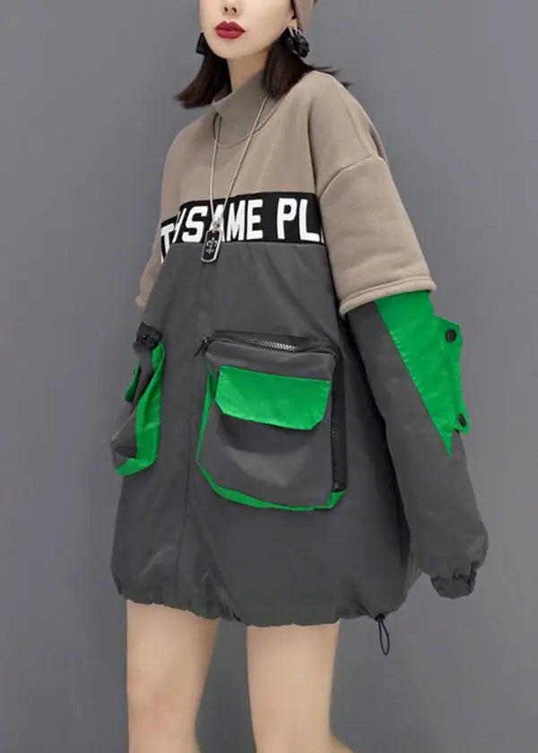 Plus Size Grey Hign Neck Pockets Patchwork Fine Cotton Filled Tops Winter Ada Fashion