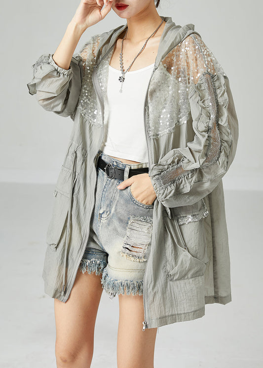 Plus Size Grey Hooded Sequins Patchwork Drawstring UPF 50+ Coat Jacket Summer LY2424 - fabuloryshop