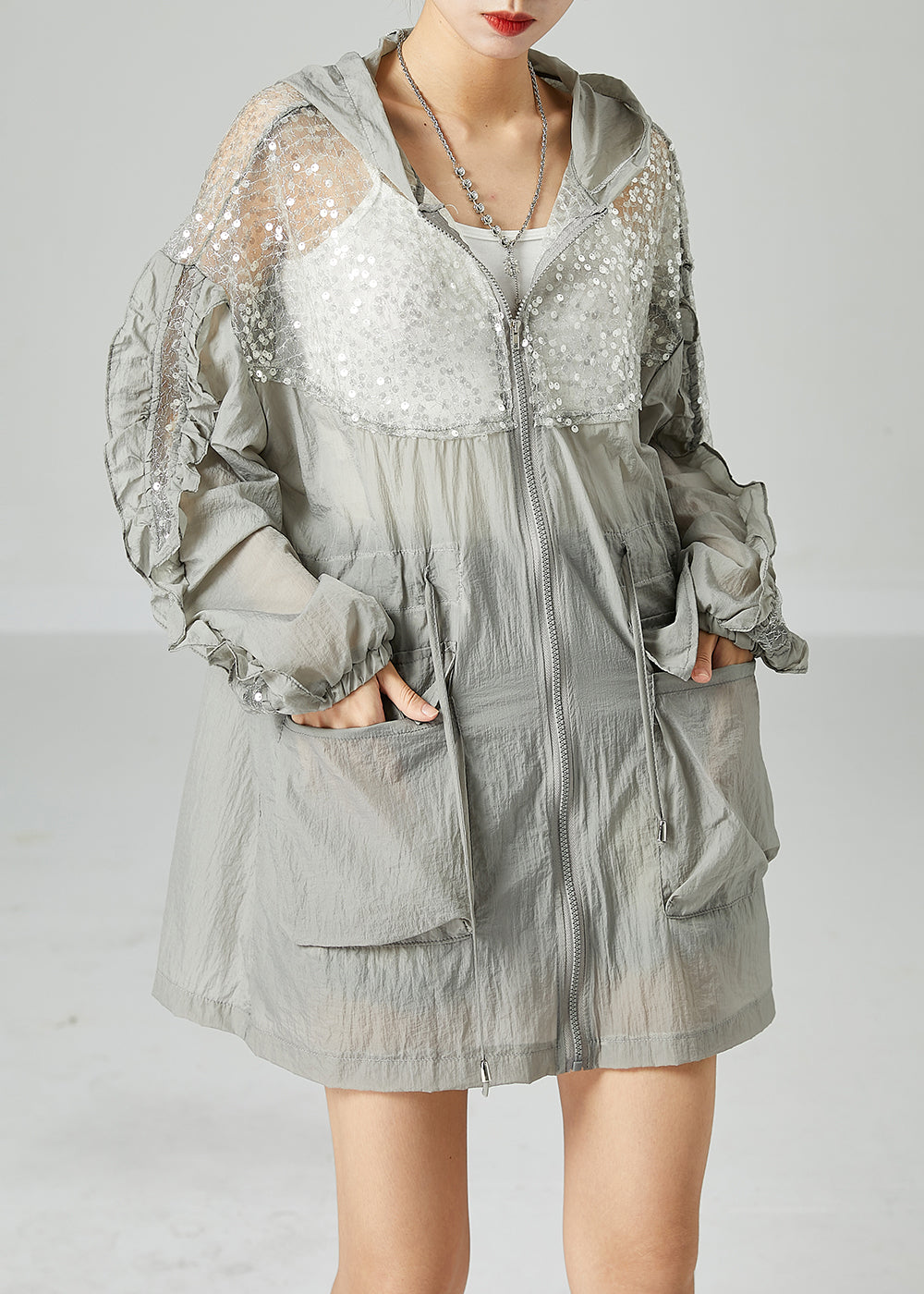 Plus Size Grey Hooded Sequins Patchwork Drawstring UPF 50+ Coat Jacket Summer LY2424 - fabuloryshop