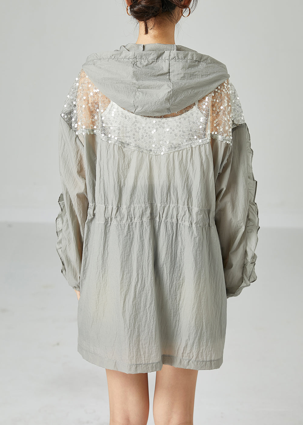 Plus Size Grey Hooded Sequins Patchwork Drawstring UPF 50+ Coat Jacket Summer LY2424 - fabuloryshop