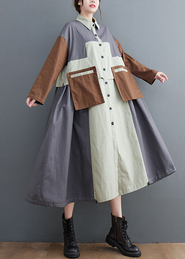 Plus Size Grey Oversized Patchwork Cotton Shirt Dress Spring LY1548 - fabuloryshop