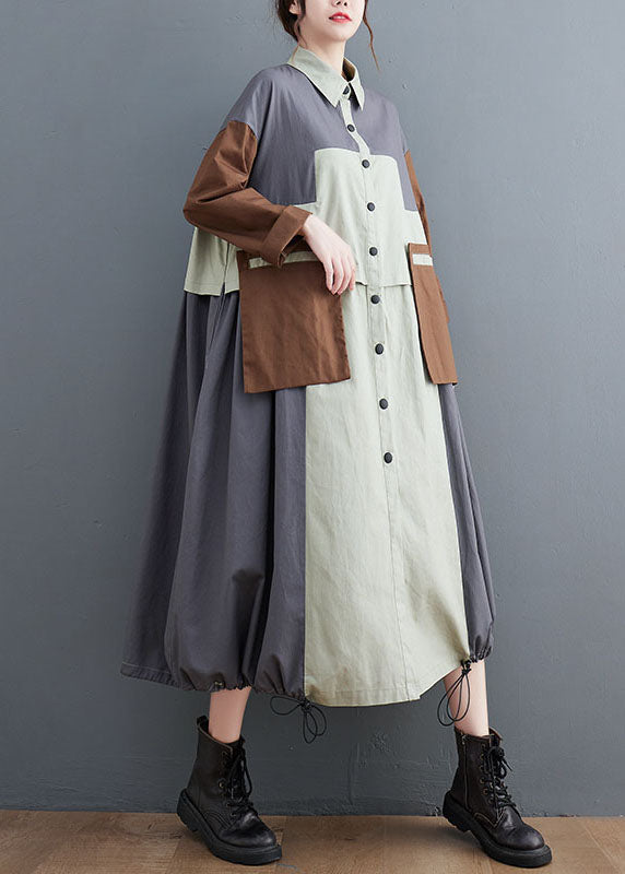Plus Size Grey Oversized Patchwork Cotton Shirt Dress Spring LY1548 - fabuloryshop
