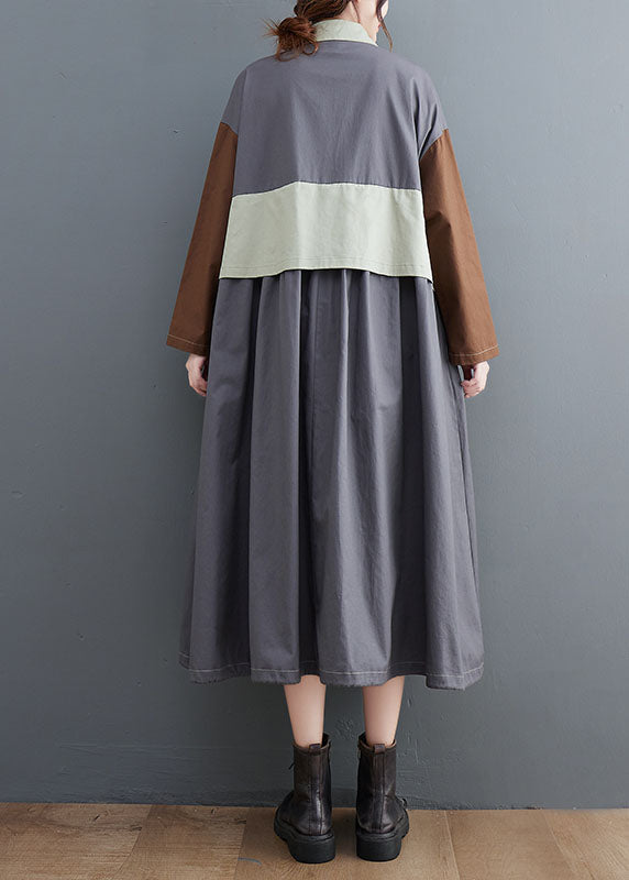 Plus Size Grey Oversized Patchwork Cotton Shirt Dress Spring LY1548 - fabuloryshop