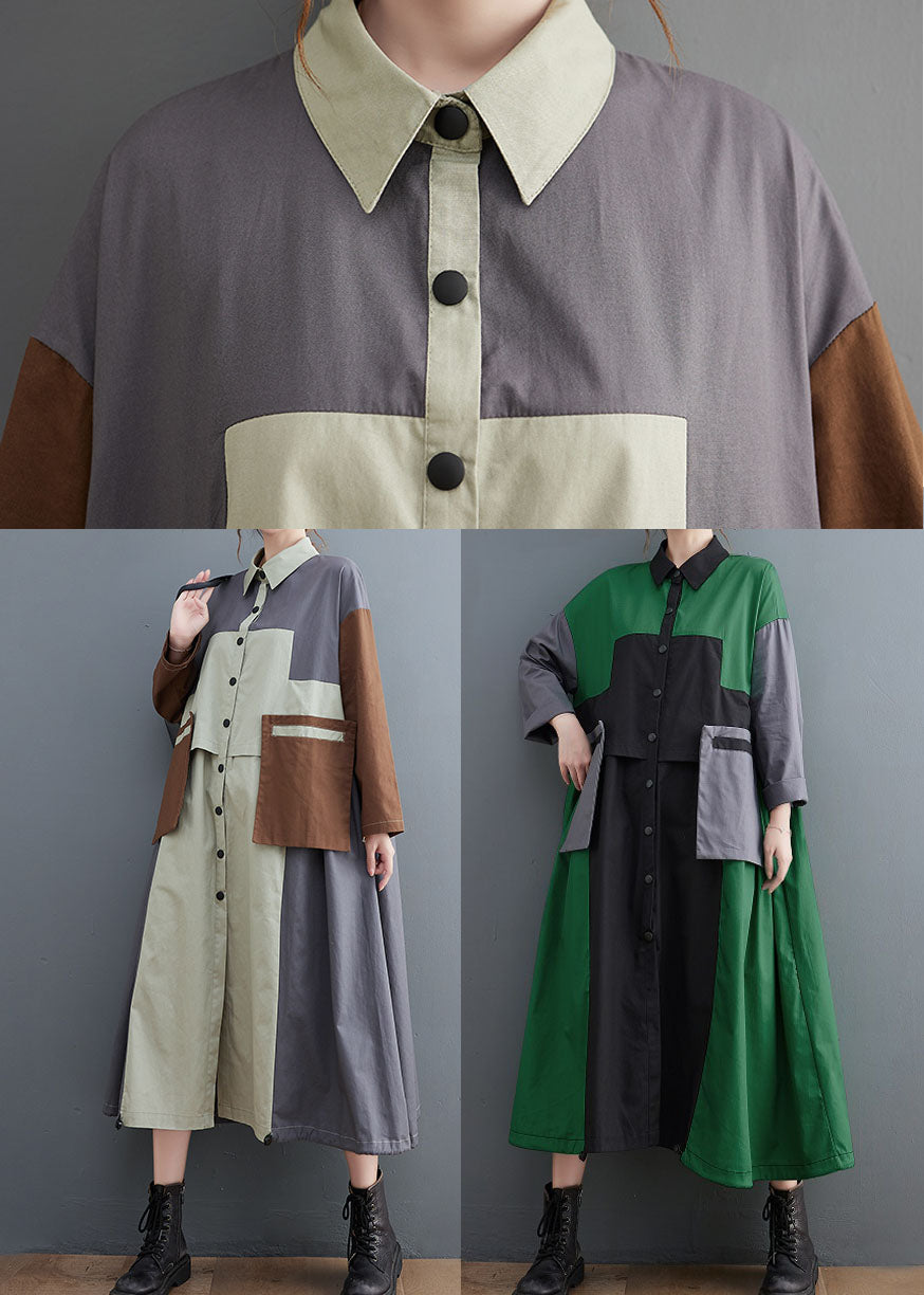 Plus Size Grey Oversized Patchwork Cotton Shirt Dress Spring LY1548 - fabuloryshop