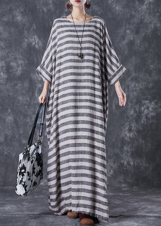 Plus Size Grey Oversized Striped Linen Ankle Dress Gown Batwing Sleeve LY7098 - fabuloryshop