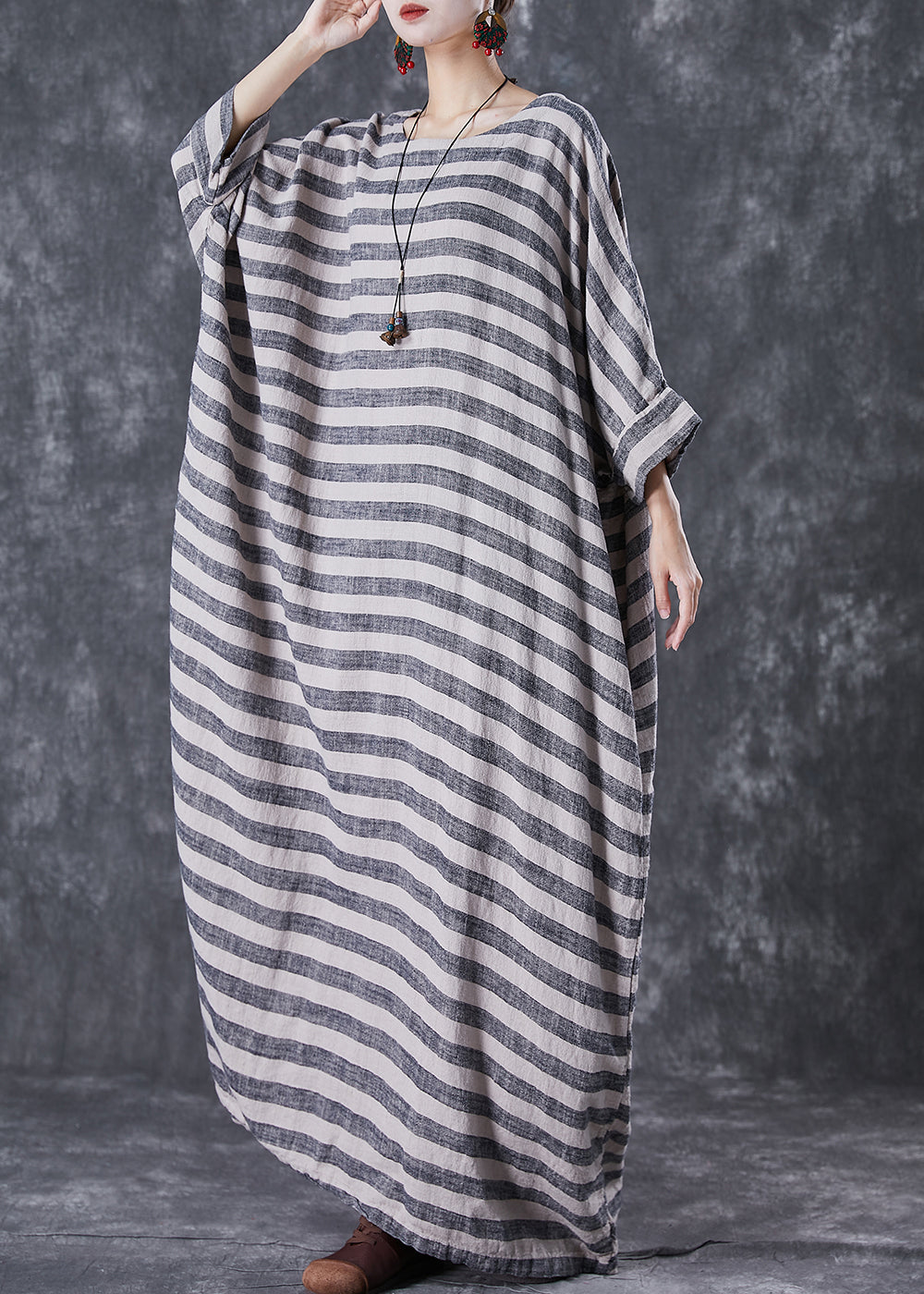 Plus Size Grey Oversized Striped Linen Ankle Dress Gown Batwing Sleeve LY7098 - fabuloryshop