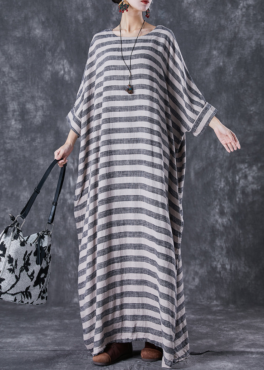 Plus Size Grey Oversized Striped Linen Ankle Dress Gown Batwing Sleeve LY7098 - fabuloryshop