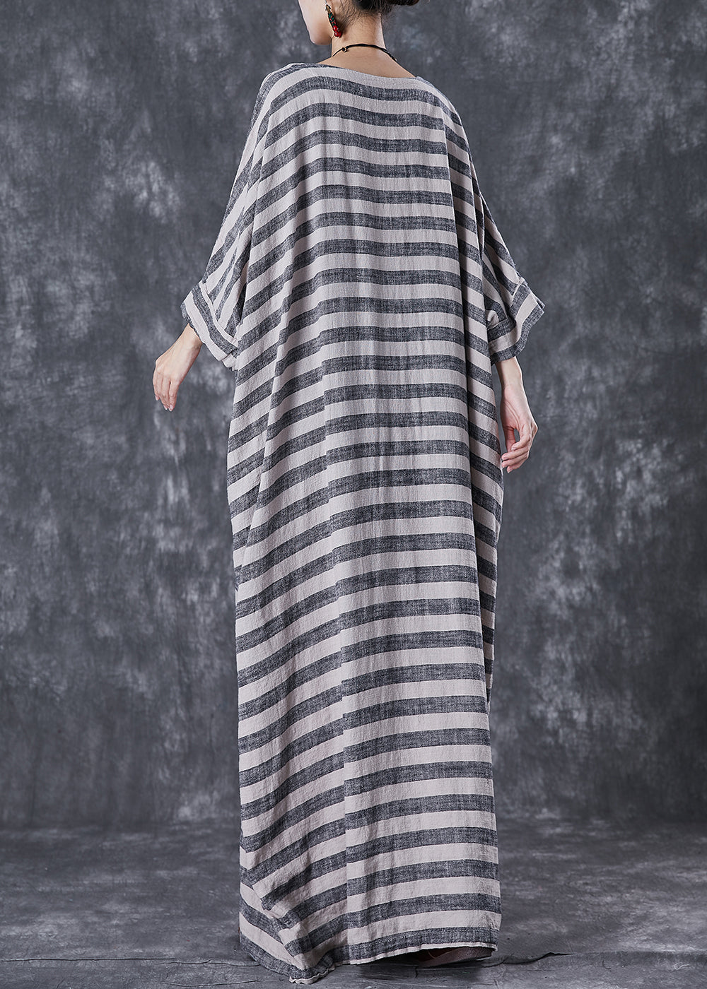 Plus Size Grey Oversized Striped Linen Ankle Dress Gown Batwing Sleeve LY7098 - fabuloryshop