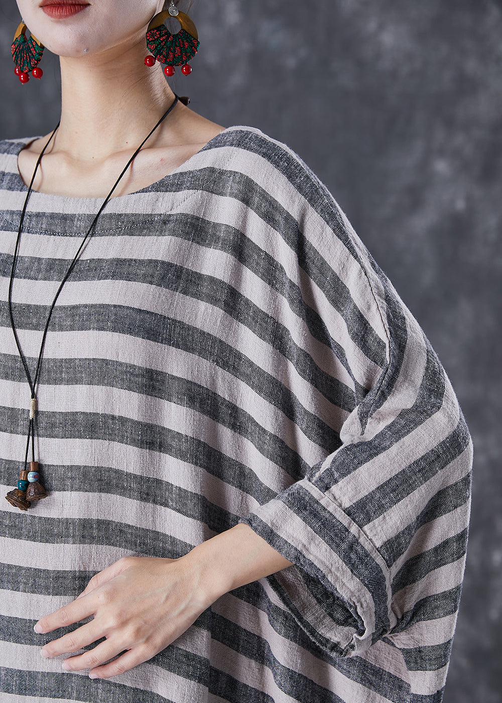 Plus Size Grey Oversized Striped Linen Ankle Dress Gown Batwing Sleeve LY7098 - fabuloryshop