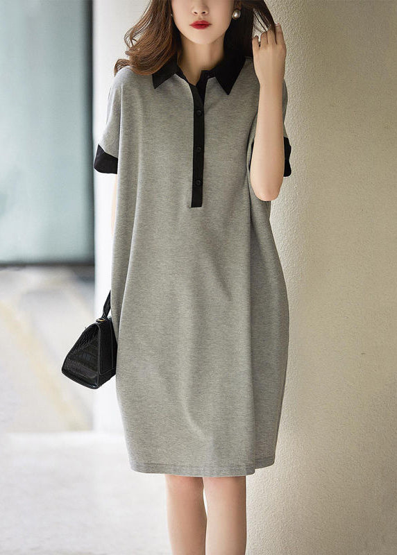 Plus Size Grey Peter Pan Collar Button Patchwork Cotton Dress Summer Ada Fashion
