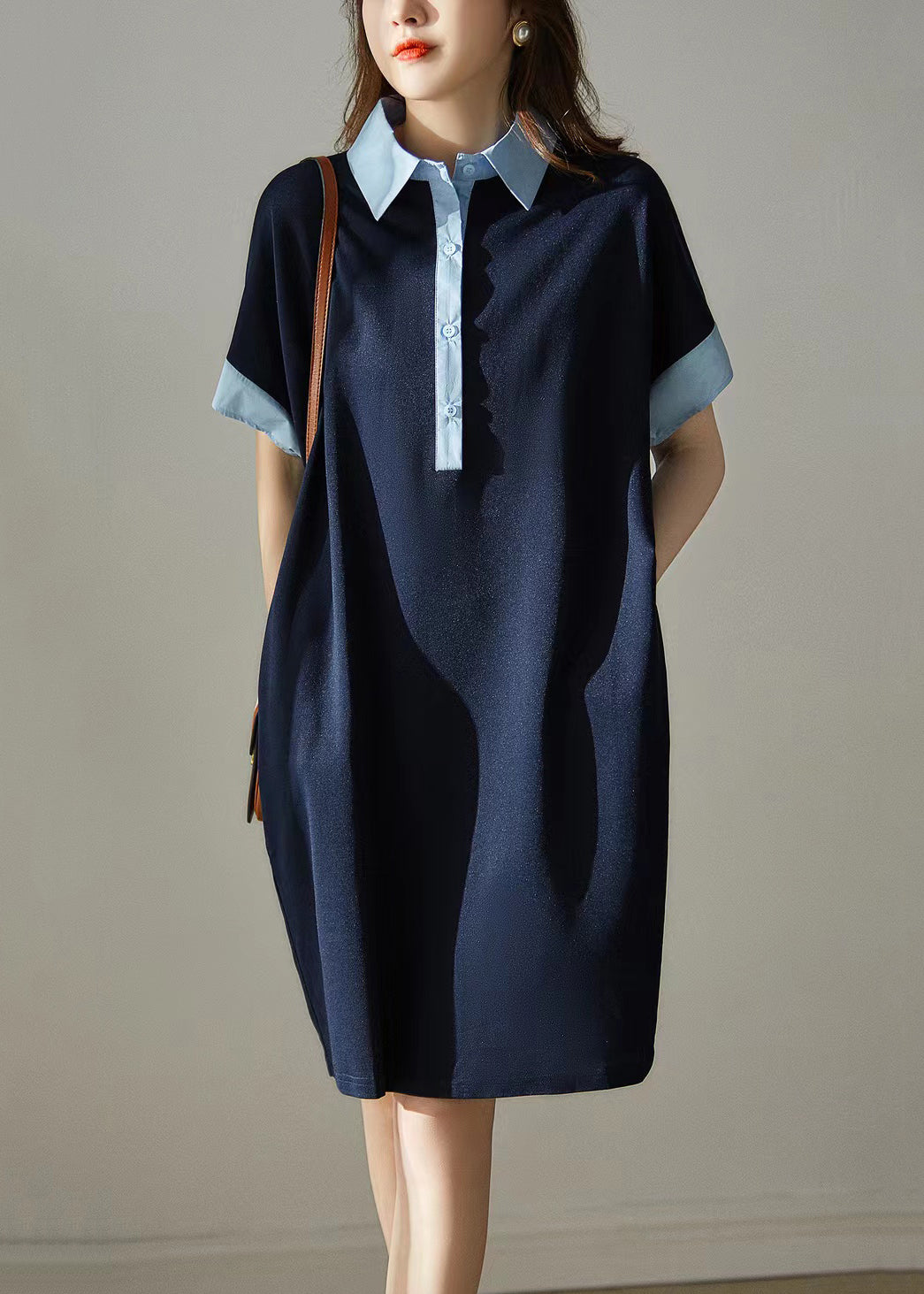 Plus Size Grey Peter Pan Collar Button Patchwork Cotton Dress Summer Ada Fashion