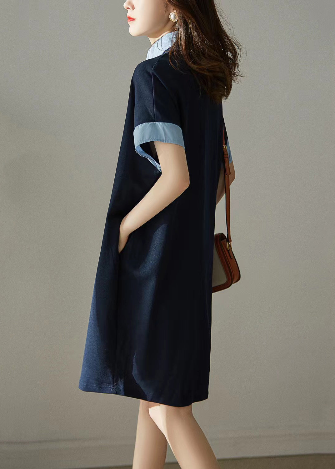 Plus Size Grey Peter Pan Collar Button Patchwork Cotton Dress Summer Ada Fashion