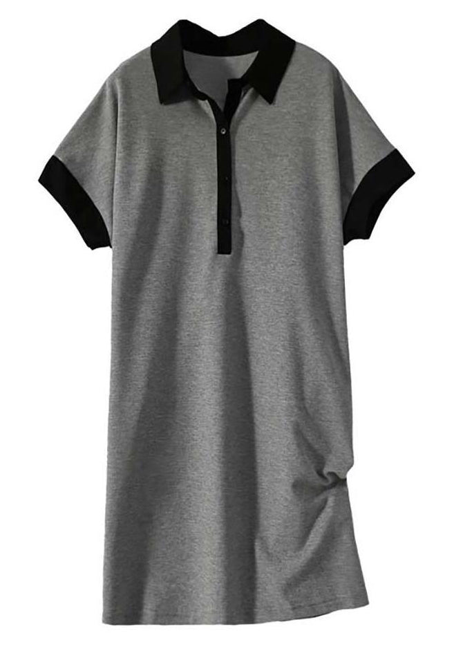 Plus Size Grey Peter Pan Collar Button Patchwork Cotton Dress Summer Ada Fashion