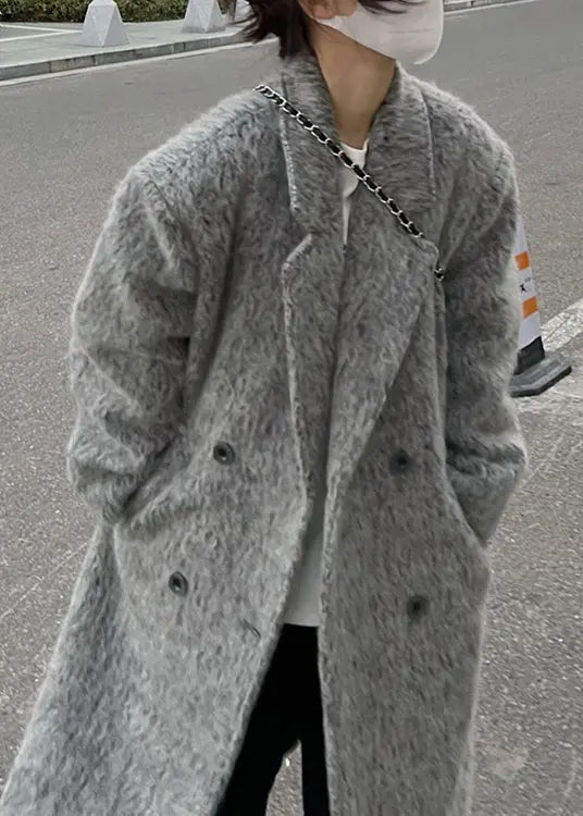 Plus Size Grey Peter Pan Collar Pockets Patchwork Ma Hai Mao Coat Winter Ada Fashion