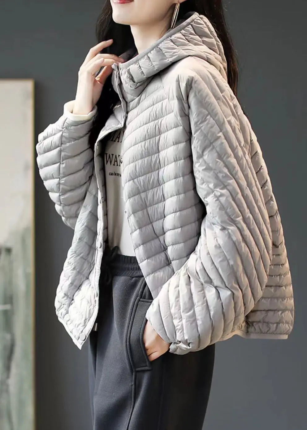 Plus Size Grey Striped Button Fine Cotton Filled Parka Winter Ada Fashion