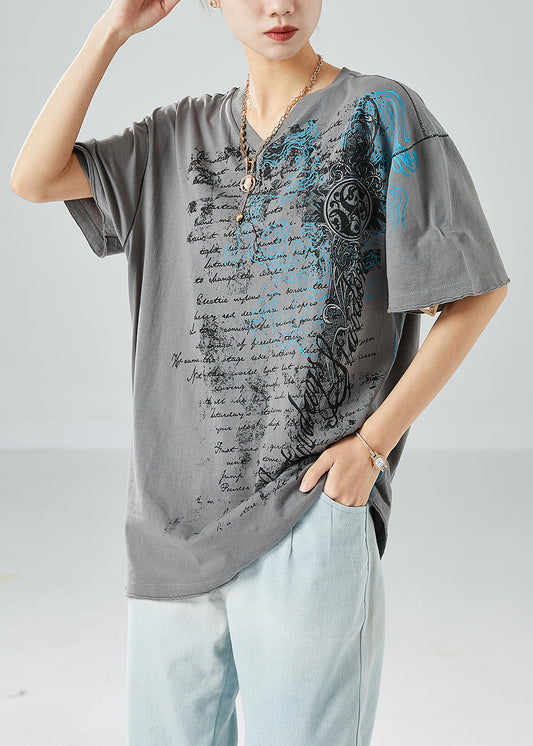 Plus Size Grey V Neck Print Cotton Tanks Summer LY6117 - fabuloryshop