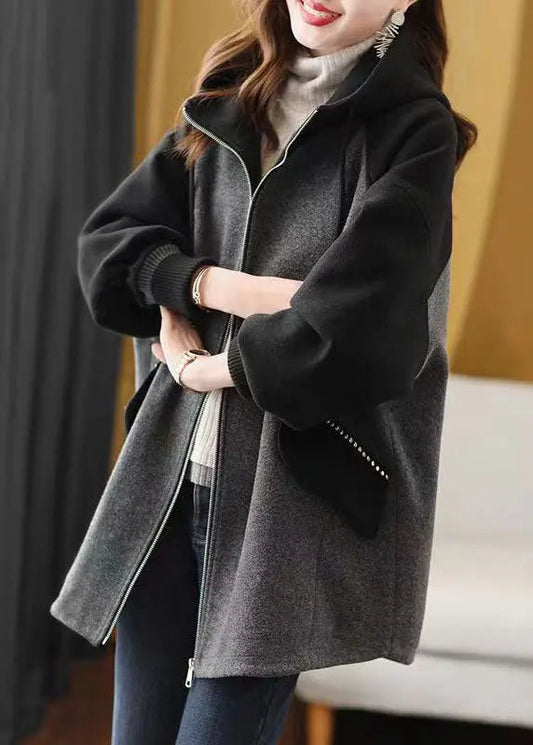Plus Size Grey Zip Up Pockets Patchwork Fine Cotton Filled Hooded Coat Fall Ada Fashion