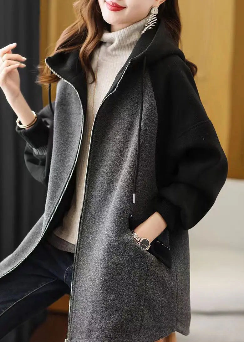 Plus Size Grey Zip Up Pockets Patchwork Fine Cotton Filled Hooded Coat Fall Ada Fashion