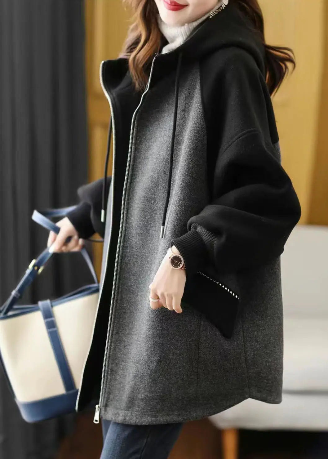 Plus Size Grey Zip Up Pockets Patchwork Fine Cotton Filled Hooded Coat Fall Ada Fashion