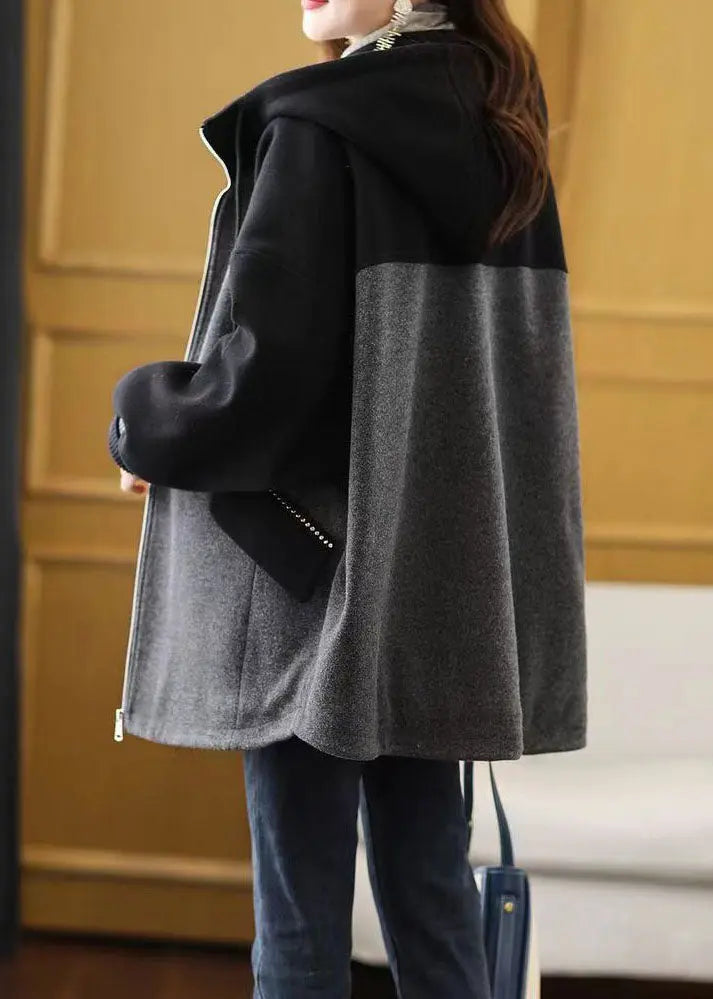 Plus Size Grey Zip Up Pockets Patchwork Fine Cotton Filled Hooded Coat Fall Ada Fashion
