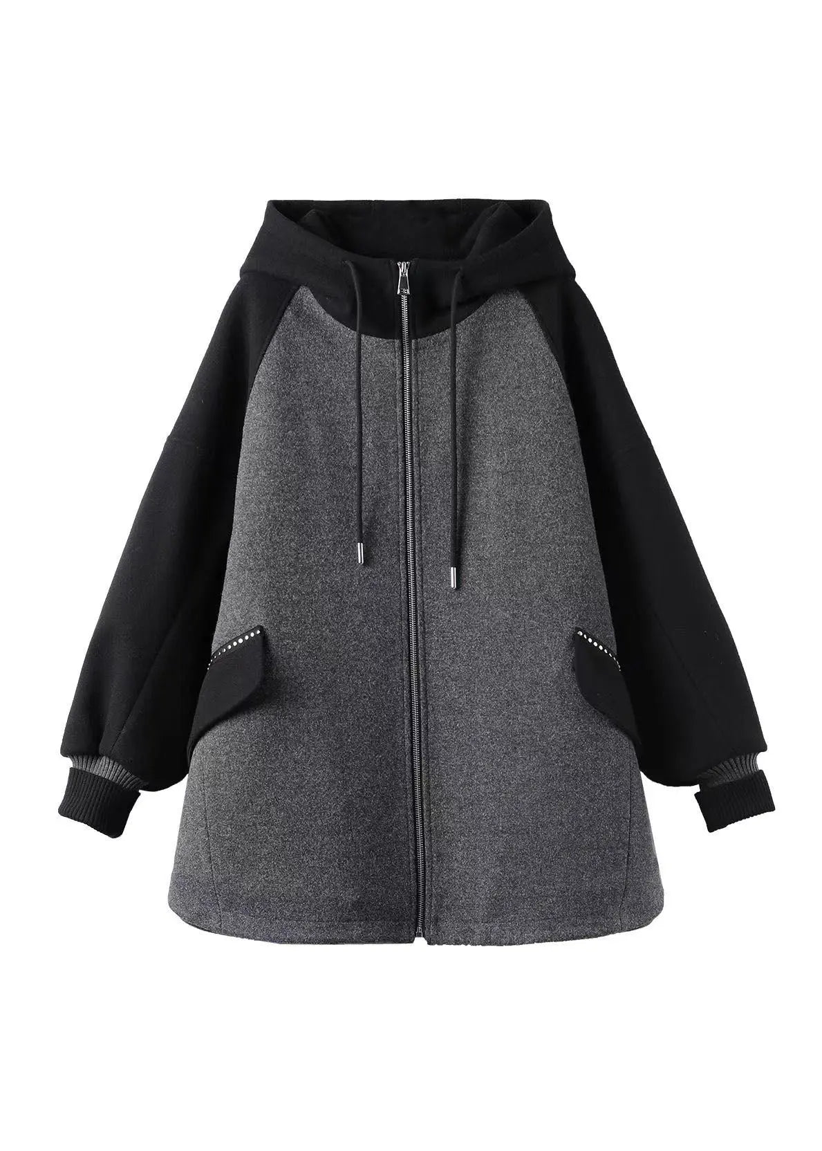 Plus Size Grey Zip Up Pockets Patchwork Fine Cotton Filled Hooded Coat Fall Ada Fashion